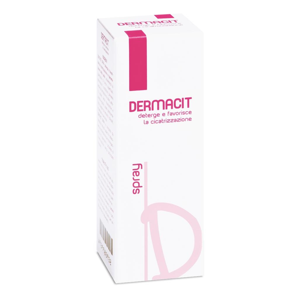 DERMACIT SPRAY FLACONE CILINDRICO IN PE BIANCO CON TASTO EROGATORE SPRAY IN PP BIANCO E CAPPUCCIO SALVATASTO TRASPARENTE,DISPOSITIVO MEDICO 1 PZ