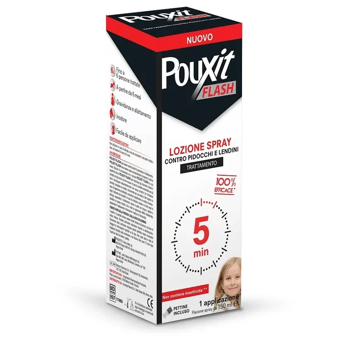 Lozione Spray Contro Pidocchi e Lendini Pouxit Flash Trattamento con Pettine Incluso 150 ml