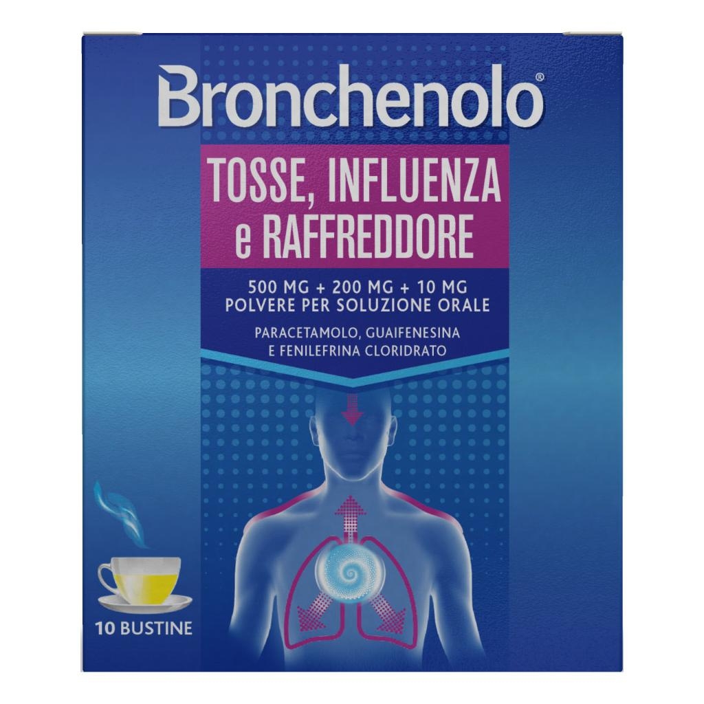 BRONCHENOLO TOSSE, INFLUENZA E RAFFREDDORE 500 MG + 200 MG + 10 MG POLVERE PER SOLUZIONE ORALE