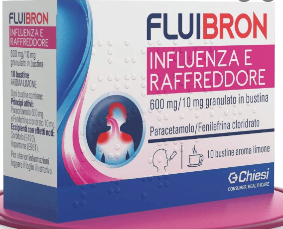 FLUIBRON INFLUENZA E RAFFREDDORE 600 MG/10 MG GRANULATO IN BUSTINA PARACETAMOLO/FENILEFRINA CLORIDRATO