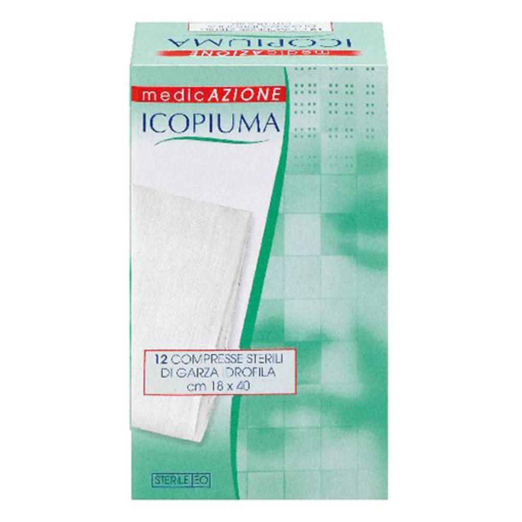 ICOPIUMA GARZA COMPRESSA IDROFILA IN COTONE PIEGATA STERILE SENZA FILO DI BARIO TITOLO 12/8 MISURA 18X40 CM IN BUSTA SINGOLA 12 PEZZI