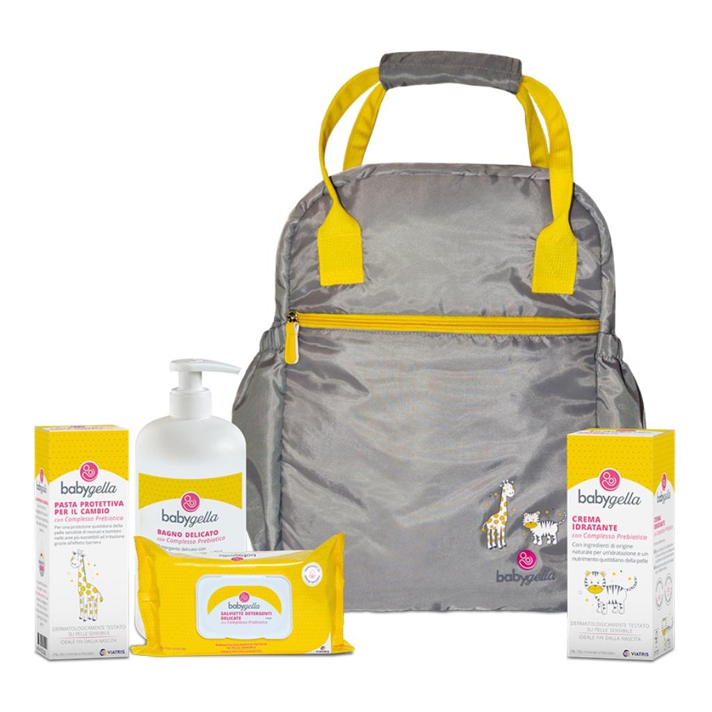 BABYGELLA BORSA PREBIOTIC 1 BABYGELLA BAGNO 250 ML + 1 BABYGELLA SALVIETTE 72 PEZZI + 1 BABYGELLA CREMA CORPO 100 ML + 1 BABYGELLA PASTA PROTETTIVA 100 ML