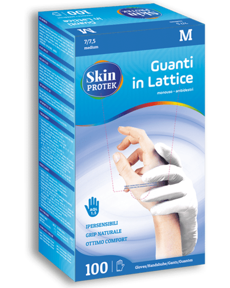 GUANTO NON CHIRURGICO MONOUSO IN LATTICE CON AMIDO DI MAIS SKIN PROTEK AMBIDESTRO POLSINO SALVASTRAPPO MISURA MEDIUM