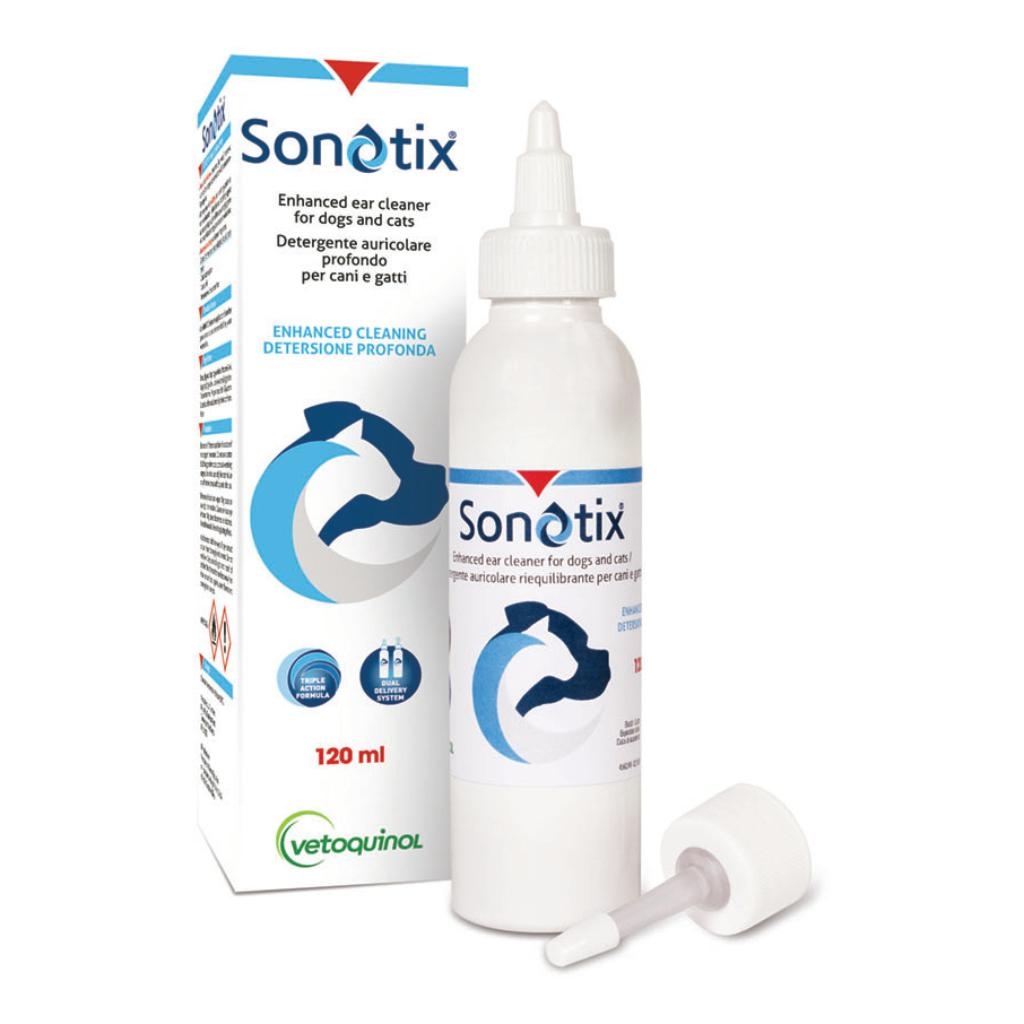 SONOTIX DETERGENTE AURICOLARE PROFONDO CANI E GATTI 120 ML + CANNULA CORTA RIGIDA + CANNULA LUNGA FLESSIBILE