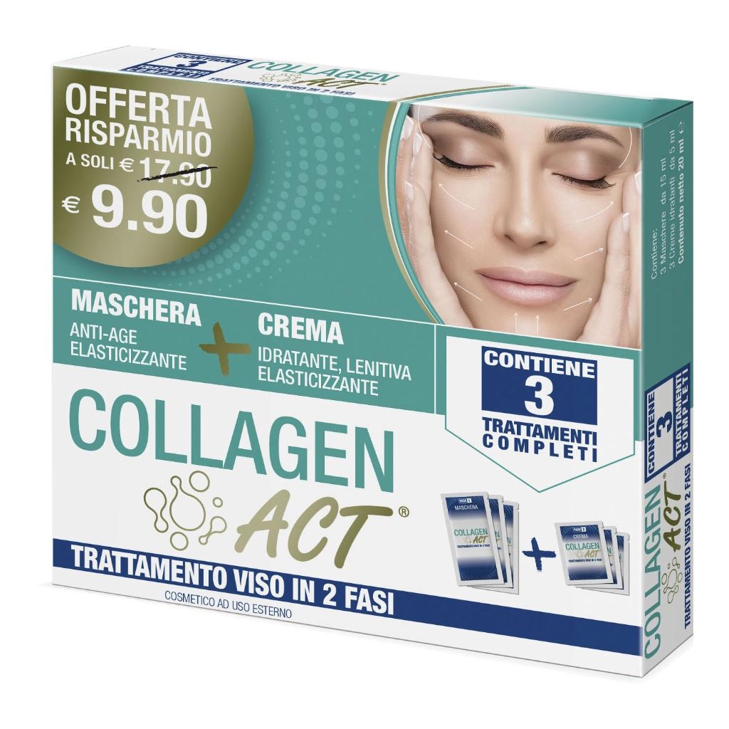 COLLAGEN ACT TRATTAMENTO VISO 2 FASI MASCHERA ANTI AGE ELASTICIZZANTE 3 PEZZI DA 15 ML + CREMA IDRATANTE LENITIVA ELASTICIZZANTE 3 PEZZI DA 5 ML