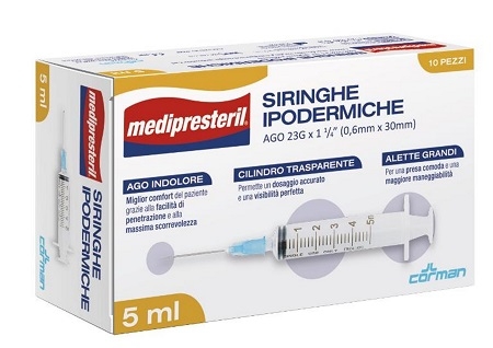 SIRINGA IPODERMICA MEDIPRESTERIL AGO 23 GAUGE 1 1/4 0,5X30MM 5 ML 10 PEZZI