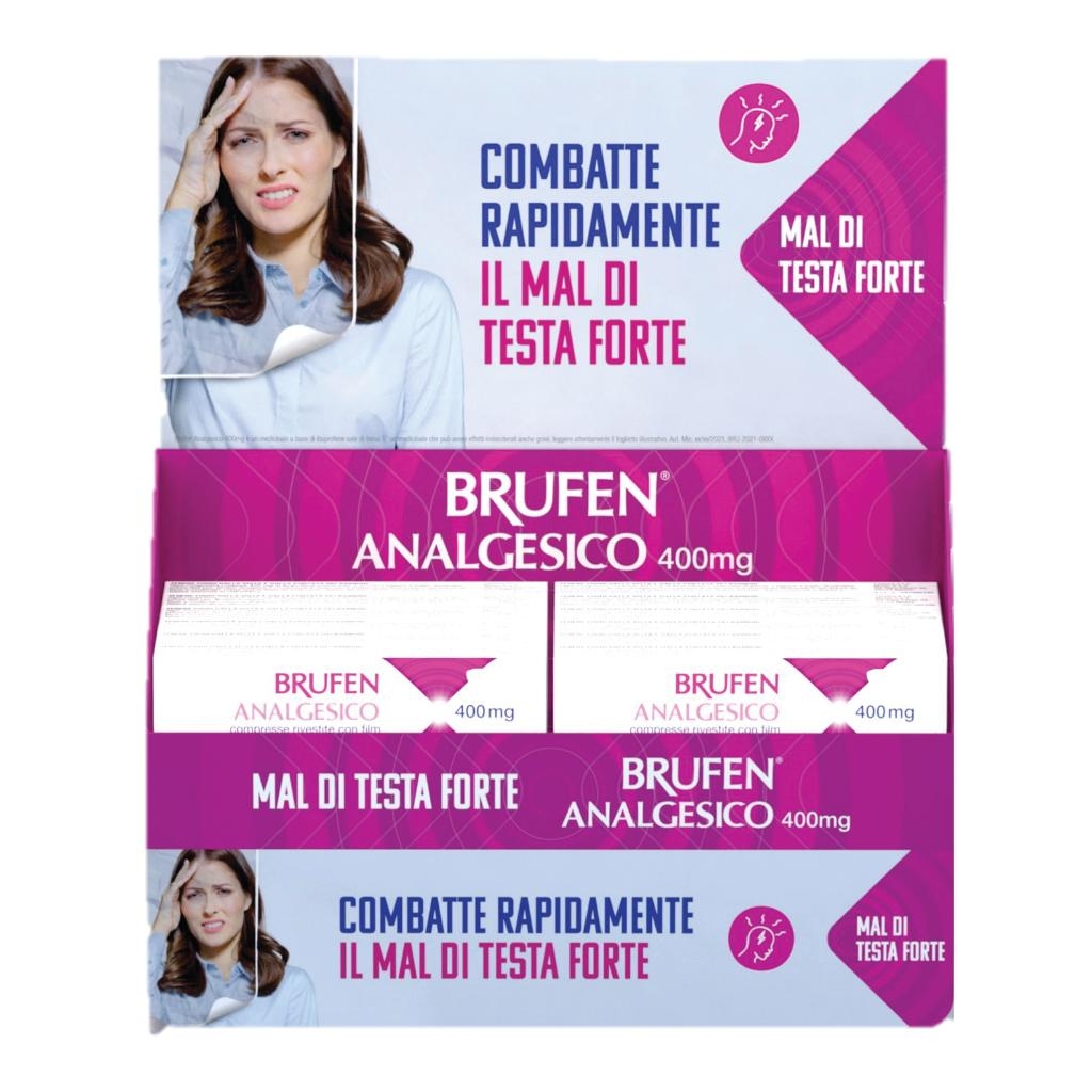 BRUFEN LINEA OTC ESPOSITORE BANCO CONTENENTE BRUFEN ANALGESICO 12 CPR+BRUFEN DOLORE 12 E 24 BUSTINE GRANULATO+BRUFEN ANTINFIAMMATORIO LOCALE GEL TUBO 40G