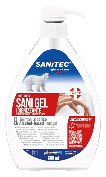 GEL IGIENIZZANTE MANI ALCOLICO 70% PRONTO ALL'USO SANI GEL SANITEC 600 ML USO PROFESSIONALE