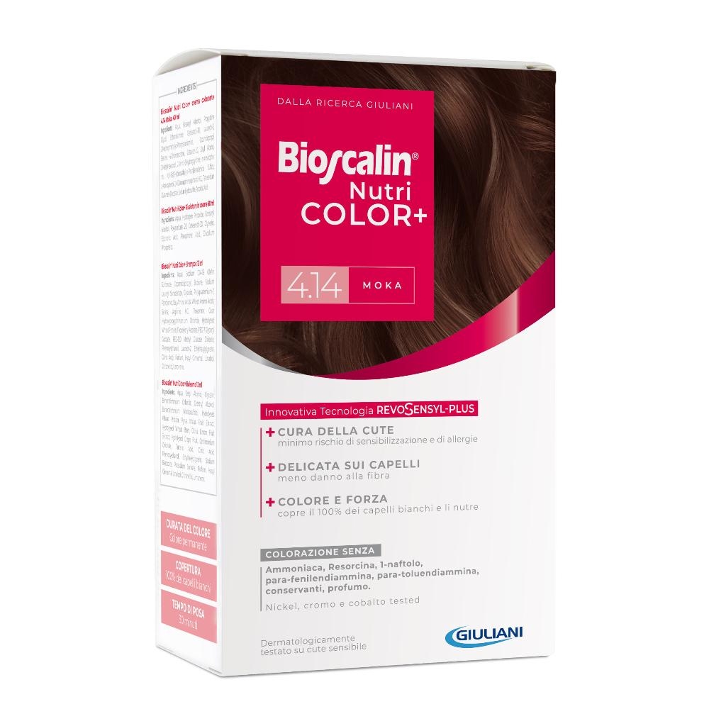 BIOSCALIN NUTRICOLOR PLUS 4,14 MOKA CREMA COLORANTE 40 ML + RIVELATORE CREMA 60 ML + SHAMPOO 12 ML + TRATTAMENTO FINALE BALSAMO 12 ML