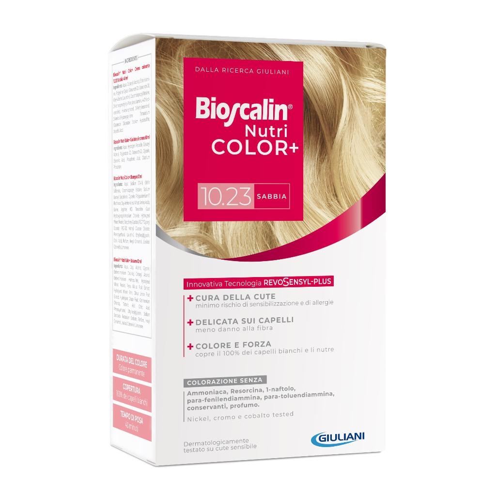 BIOSCALIN NUTRICOLOR PLUS 10,23 SABBIA CREMA COLORANTE 40 ML + RIVELATORE CREMA 60 ML + SHAMPOO 12 ML + TRATTAMENTO FINALE BALSAMO 12 ML