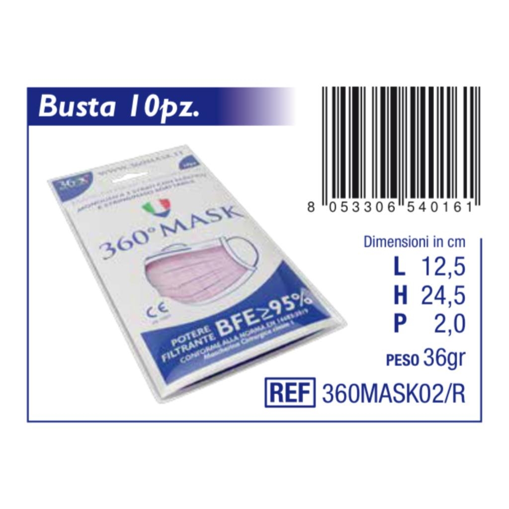 MASCHERINA CHIRURGICA 360MASK02/R ROSA 10 PEZZI