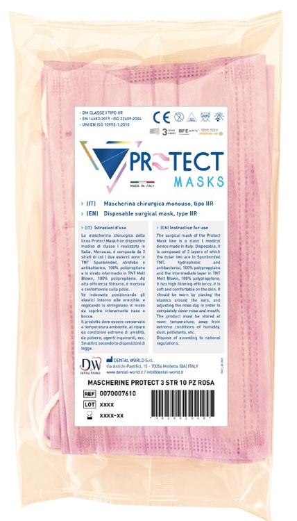 PROTECT MASKS MASCHERINA CHIRURGICA MONOUSO 3 STRATI TNT PINK 10 PEZZI