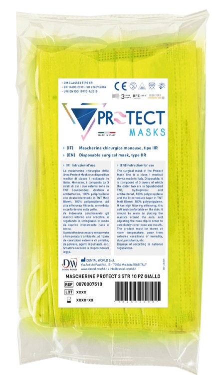 PROTECT MASKS MASCHERINA CHIRURGICA MONOUSO 3 STRATI TNT YELLOW 10 PEZZI