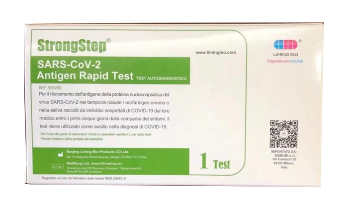 TEST ANTIGENICO RAPIDO COVID-19 STRONGSTEP AUTODIAGNOSTICO DETERMINAZIONE QUALITATIVA ANTIGENI SARS-COV-2 IN TAMPONI NASALI/OROFARINGEI/SALIVA MEDIANTE IMMUNOCROMATOGRAFIA