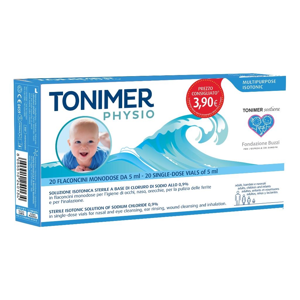 TONIMER PHYSIO MONODOSE SOLUZIONE ISOTONICA MULTIFUNZIONE A BASE DI CLORURO DI SODIO 0,9% 20 FLACONCINI 5 ML PROMO