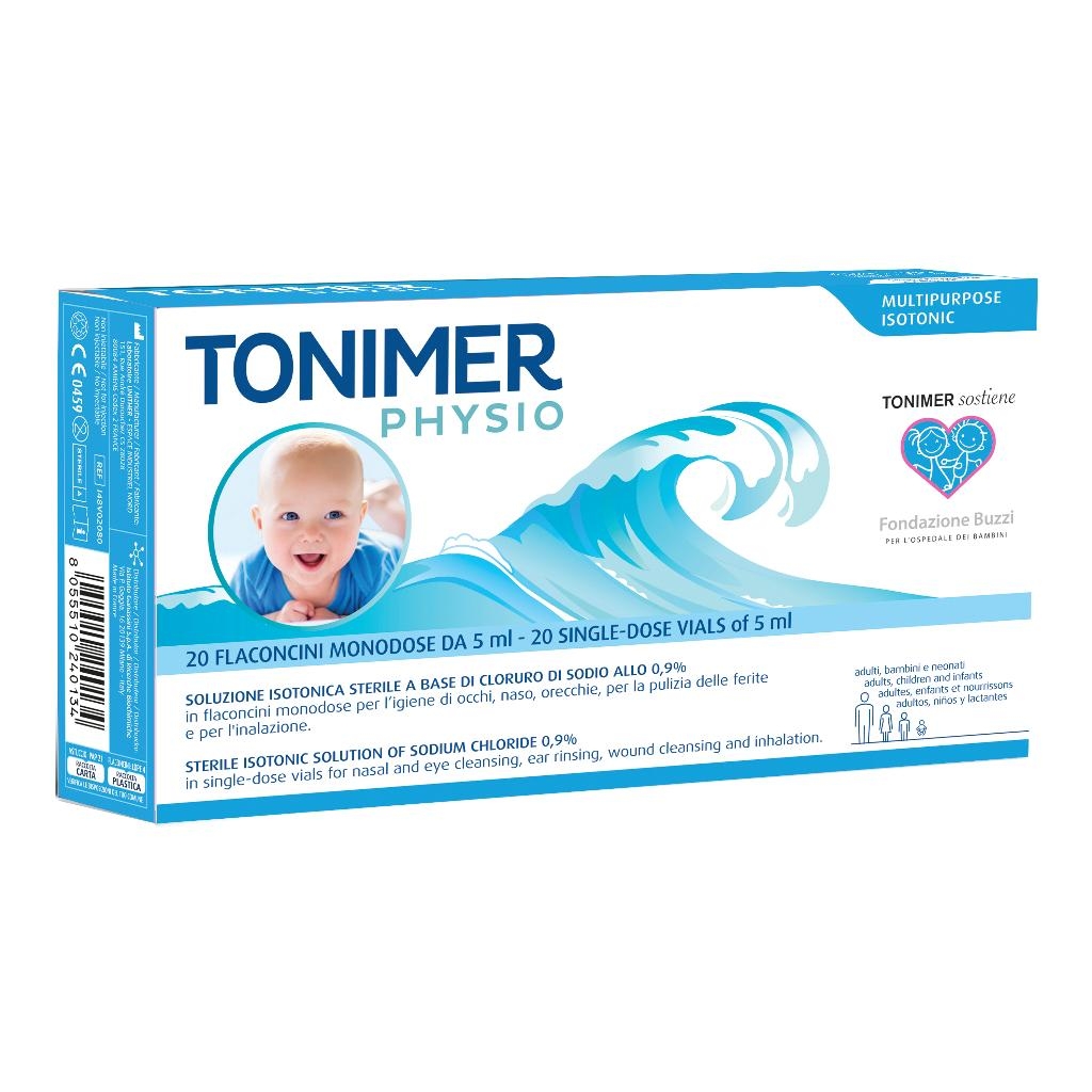 TONIMER PHYSIO MONODOSE SOLUZIONE ISOTONICA MULTIFUNZIONE A BASE DI CLORURO DI SODIO 0,9% 20 FLACONCINI 5 ML