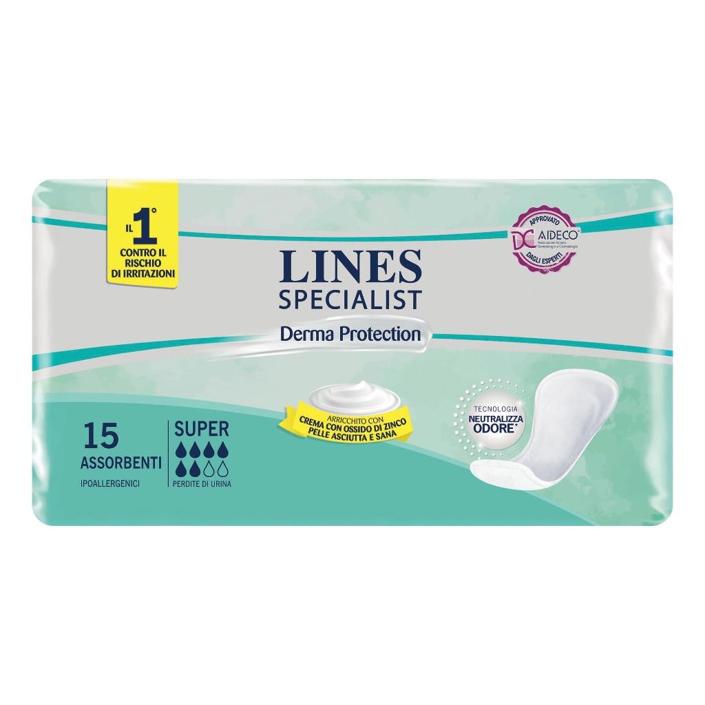 PANNOLONE PER INCONTINENZA LINES SPECIALIST DERMA SAGOMATO ANATOMICO SUPER PLUS 15 PEZZI