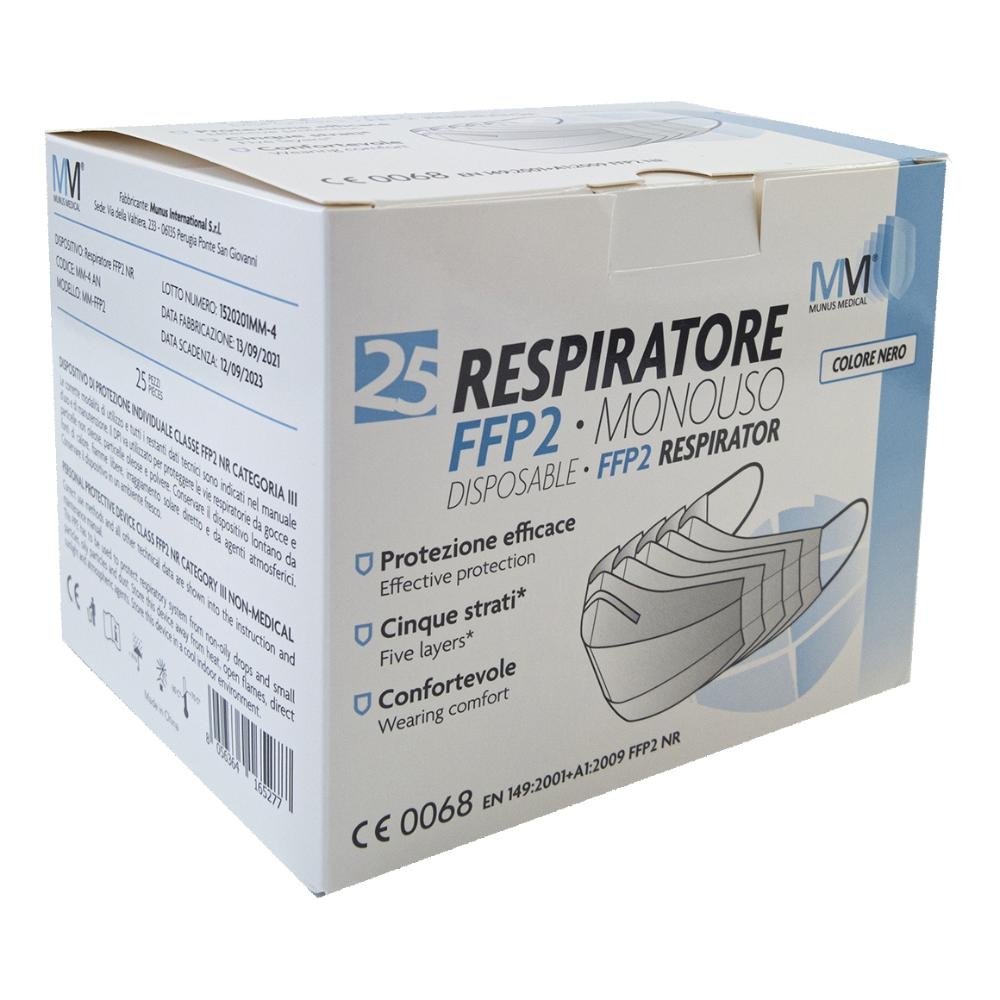 MUNUS MEDICAL RESPIRATORE FFP2 NR CLASSE III NERO 25 PEZZI