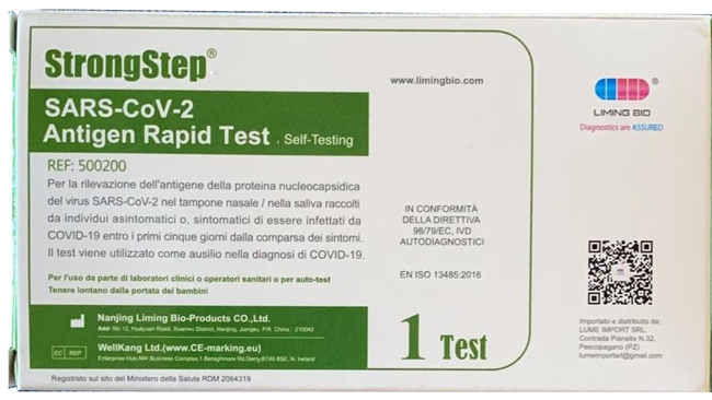 TEST ANTIGENICO RAPIDO COVID-19 STRONGSTEP AUTODIAGNOSTICO DETERMINAZIONE QUALITATIVA ANTIGENI SARS-COV-2 IN TAMPONI NASALI/OROFARINGEI/SALIVA MEDIANTE IMMUNOCROMATOGRAFIA