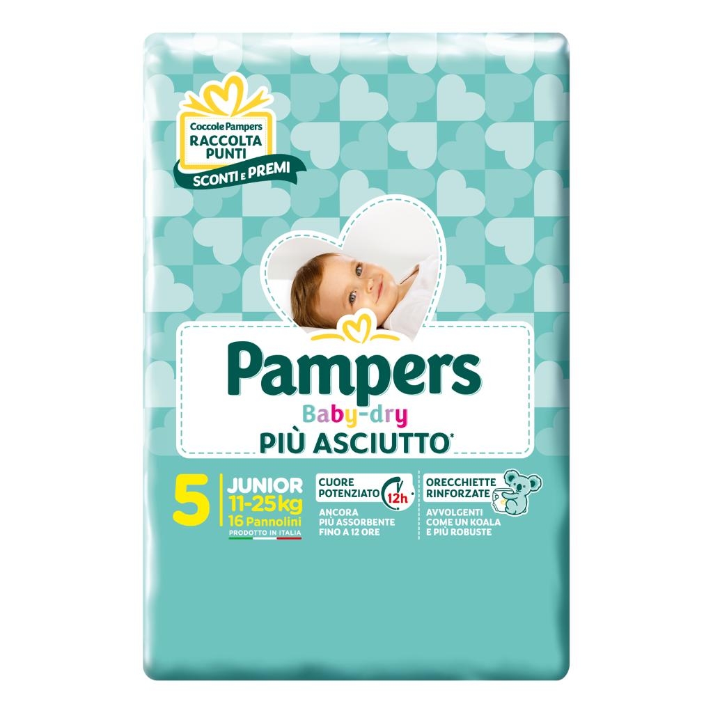 PAMPERS BABY DRY PANNOLINI DOWNCOUNT JUNIOR 16 PEZZI