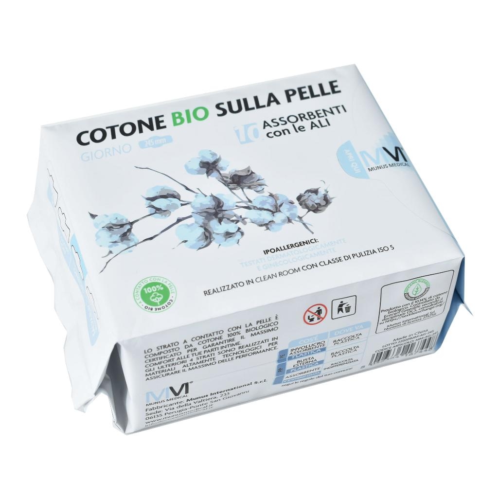 MUNUS MEDICAL ASSORBENTE GIORNO CON ALI COTONE BIO SULLA PELLE 245 MM 10 PEZZI