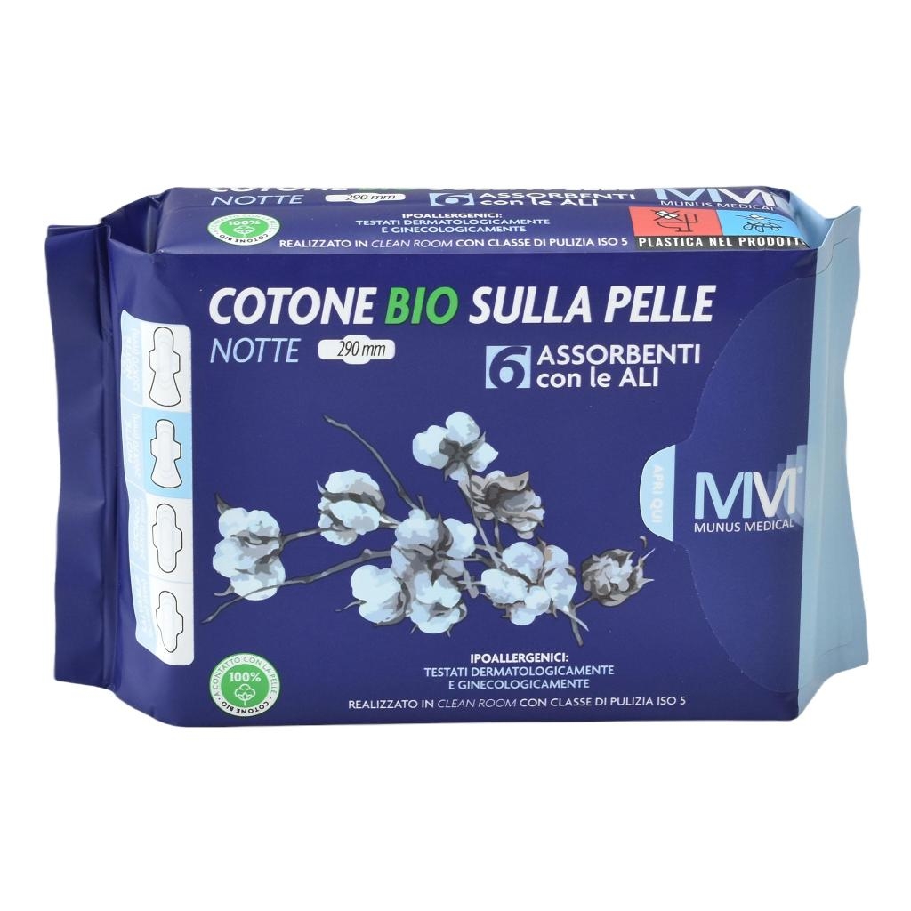 MUNUS MEDICAL ASSORBENTE NOTTE CON ALI COTONE BIO SULLA PELLE 290 MM 6 PEZZI