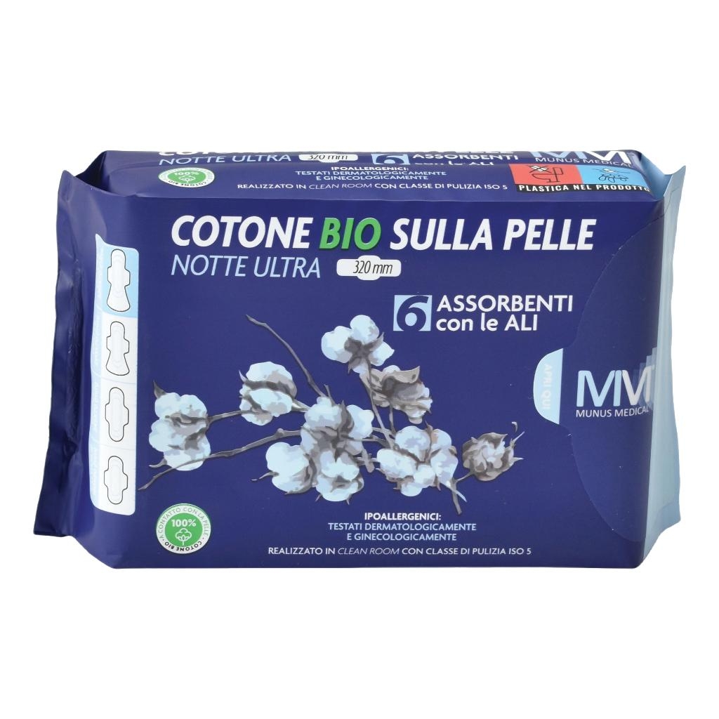 MUNUS MEDICAL ASSORBENTE NOTTE ULTRA CON ALI COTONE BIO SULLA PELLE 320 MM 6 PEZZI