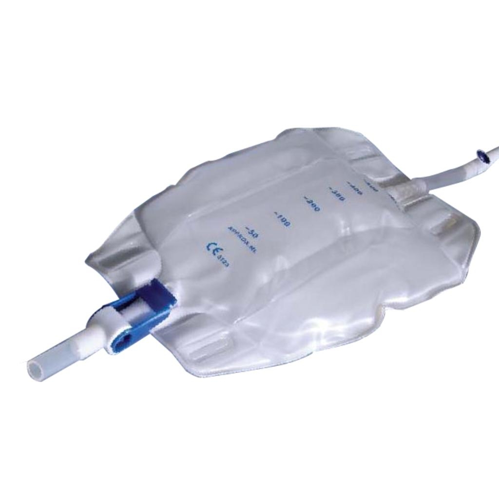 SACCA RACCOGLI URINA DA GAMBA PER INCONTINENZA 3 CAMERE COMFORT 500 ML STERILE IN PVC LATO RIVESTITO TNT CON TUBO DIRITTO 30 CM 8 PEZZI
