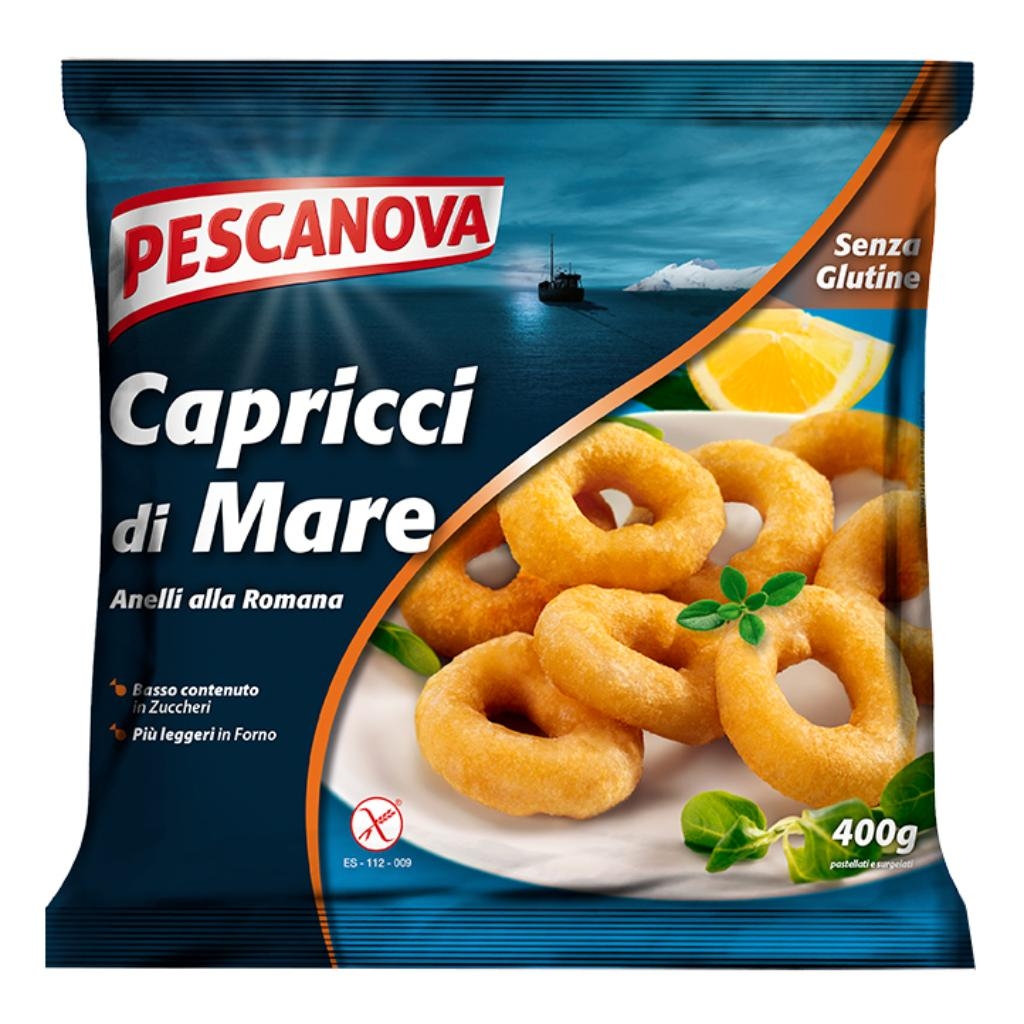 PESCANOVA CAPRICCI DI MARE ANELLI ALLA ROMANA PASTELLATI E SURGELATI SENZA GLUTINE 400 G