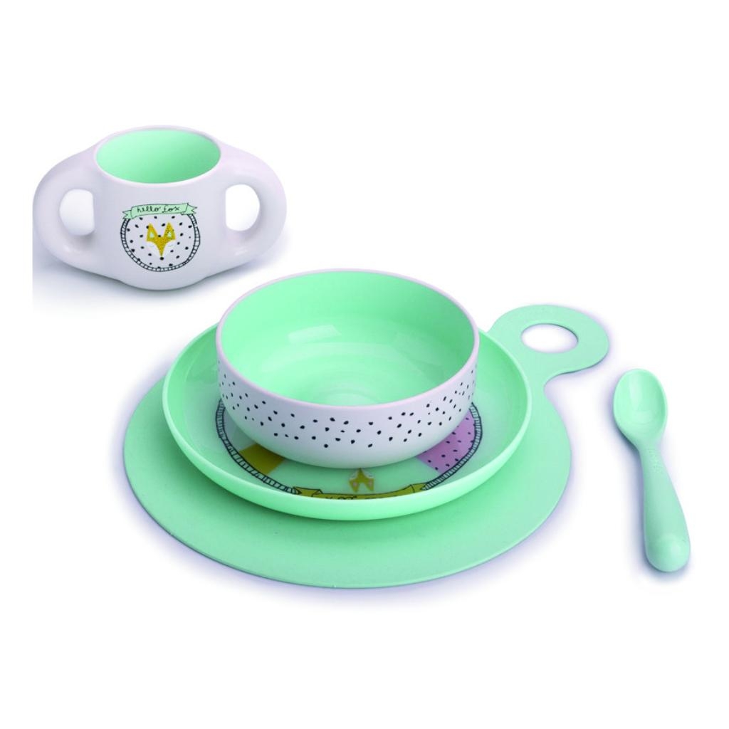 SUAVINEX GO NATURAL SET SVEZZAMENTO BOY +6 MESI PIATTO PIANO + SCODELLA + TAZZA + CUCCHIAIO + TOVAGLIETTA