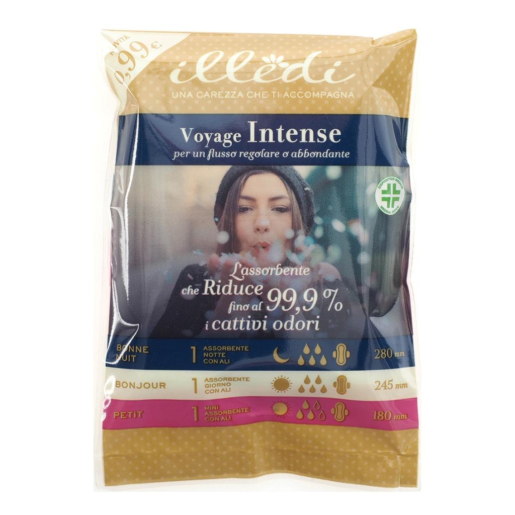ILLEDI VOYAGE INTENSE CONFEZIONE CONTENENTE 1 ASSORBENTE NOTTE+1 ASSORBENTE GIORNO+1 MINI ASSORBENTE