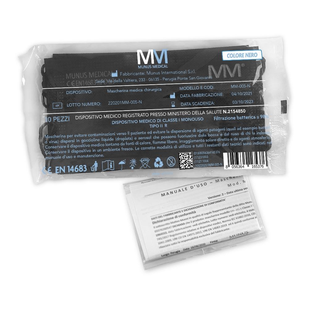 MUNUS MEDICAL MASCHERINA CHIRURGICA IIR 10 PEZZI NERA