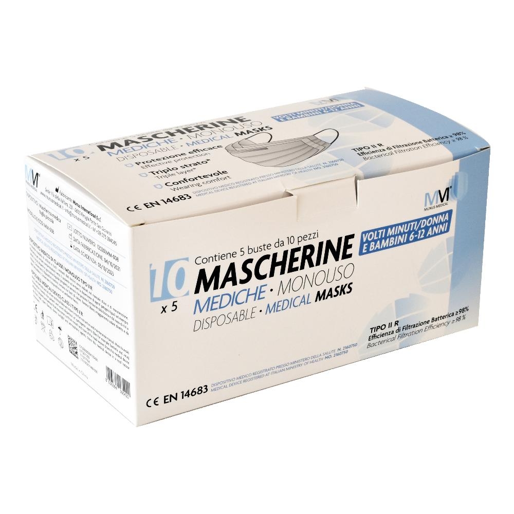 MASCHERINA CHIRURGICA MONOUSO MUNUS MEDICAL TIPO IIR TAGLIA SLIM VOLTI MINUTI DONNA E BAMBINI 6-12 ANNI 5 BUSTE DA 10 MASCHERINE