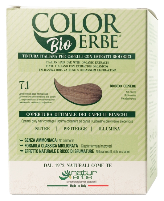 COLOR ERBE TINTURA BIO BIONDO CENERE 7,1 ESTRATTI BIO 60 ML + ATTIVATORE CREMA 60 ML + SHAMPOO CAPELLI TINTI 10 ML + RISTRUTTURANTE 10 ML + 1 PAIO GUANTI