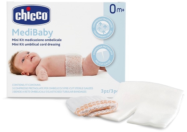 CHICCO MINI KIT MEDICAZIONE OMBELICALE BENDA A RETE ELASTICA CALIBRO 6 + COMPRESSE IN TNT STERILI 10X10 CM 4 PEZZI